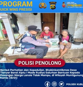 Polisi Penolong, Bhabinkamtibmas Desa Tianyar Barat Salurkan Bantuan Paket Sembako Kepada Warga Lansia Tidak Mampu.