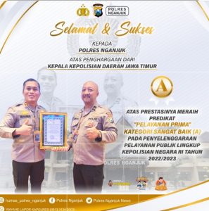 Polres Nganjuk Terima Penghargaan Pelayanan Publik Lingkup Polri Tahun 2023 Tingkat Polda Jatim