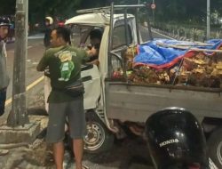 Mobil Pick Up Muatan Ikan Pindang Tabrak Tiang PJU Diduga Sopir Ngantuk