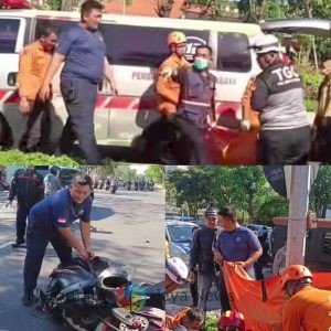 Petugas Gabungan Evakuasi Jenazah Pengendara Motor Korban Kecelakaan di Jl. Ahmad Yani Surabaya