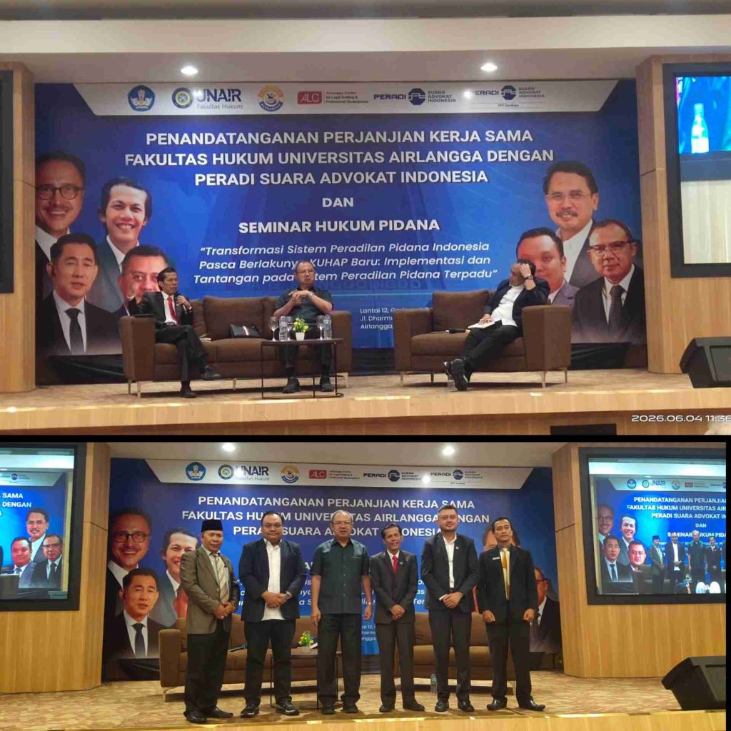 PERADI SAI dan FH UNAIR Perkuat Sinergi Lewat MoU, Bedah Implementasi KUHAP Baru dalam Seminar Nasional