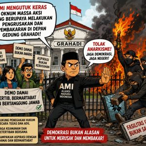 AMI MENGUTUK KERAS TINDAKAN OKNUM MASSA AKSI YANG BERUPAYA MELAKUKAN PENGRUSAKAN DAN PEMBAKARAN DI DEPAN GEDUNG GRAHADI